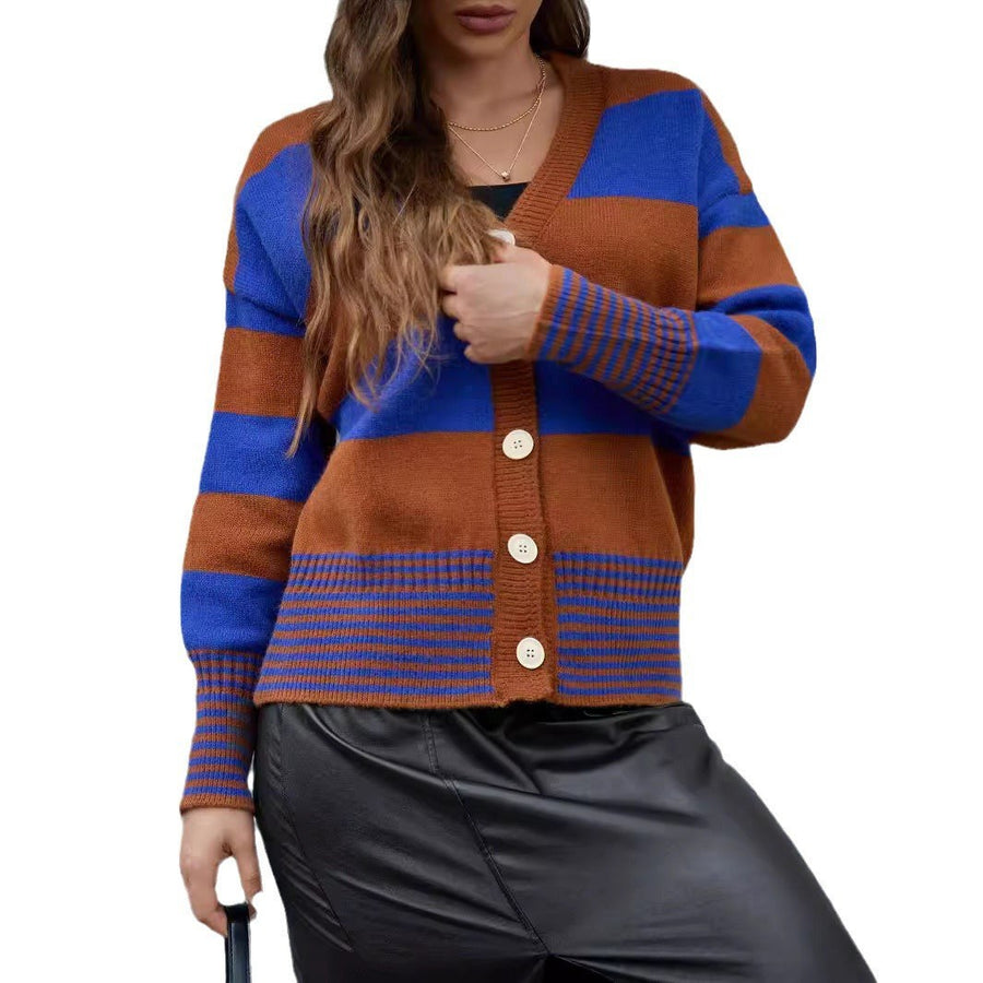 Rhiannon | Women's Button Detail Striped Long Sleeve Knit Modern Cardigan