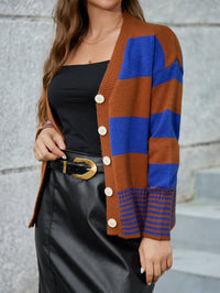 Rhiannon | Women's Button Detail Striped Long Sleeve Knit Modern Cardigan in Dark Brown