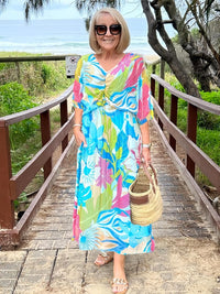 Rhoda | Women's V-Neck Smocked Boho Maxi Dress in Light Blue