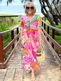Rhoda | Women's V-Neck Smocked Boho Maxi Dress