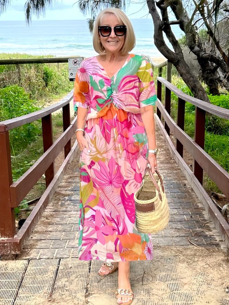 Rhoda | Women's V-Neck Smocked Boho Maxi Dress in Pink