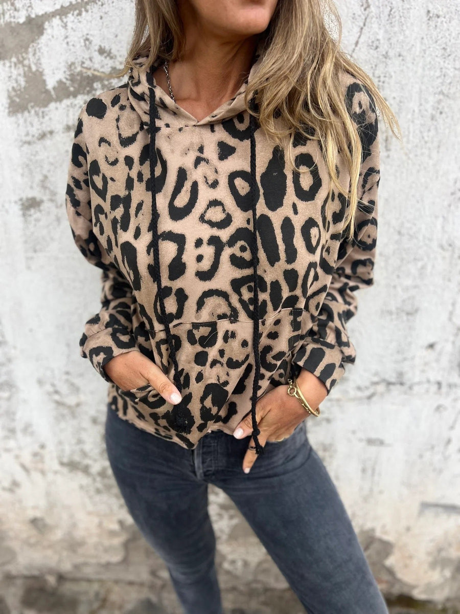 Rhonda | Women's Leopard Print Pockets Hooded Casual Hoodie in Light Brown