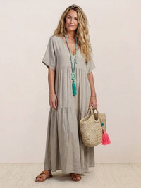Rhonda | Women's V-Neck Tiered Boho Maxi Dress in Apricot