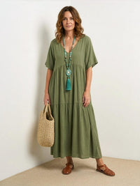 Rhonda | Women's V-Neck Tiered Boho Maxi Dress in Army Green