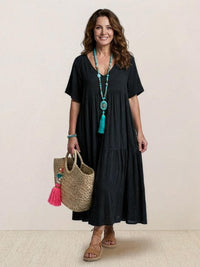Rhonda | Women's V-Neck Tiered Boho Maxi Dress in Black