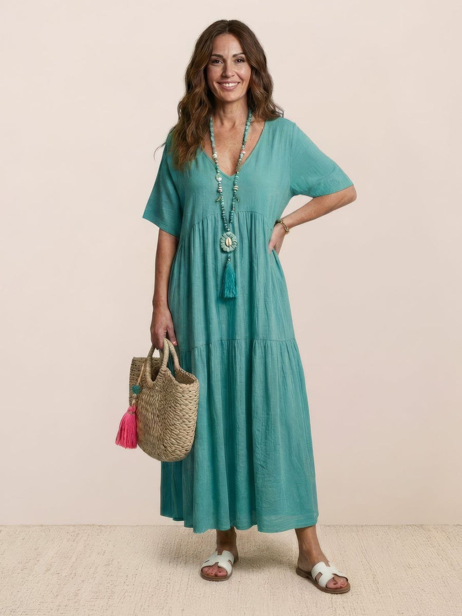 Rhonda | Women's V-Neck Tiered Boho Maxi Dress in Blue