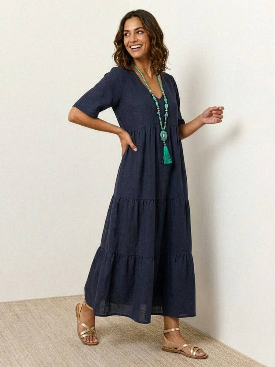 Rhonda | Women's V-Neck Tiered Boho Maxi Dress in Navy Blue