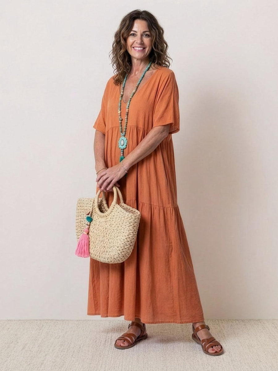 Rhonda | Women's V-Neck Tiered Boho Maxi Dress in Red Orange