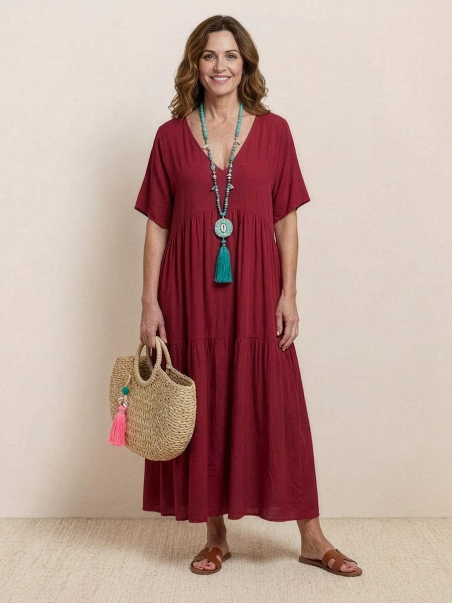Rhonda | Women's V-Neck Tiered Boho Maxi Dress in Red