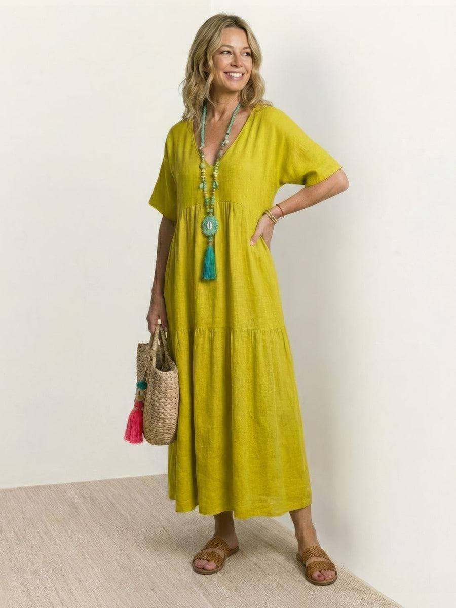 Rhonda | Women's V-Neck Tiered Boho Maxi Dress in Yellow