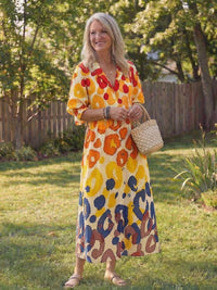 Ricarda | Women's Button-Front Floral Boho Midi Dress in Yellow