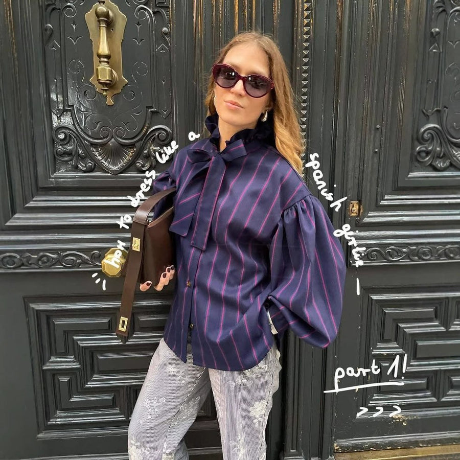 Rita | Women's Long Sleeve Ruffle Blouse in Gestreift