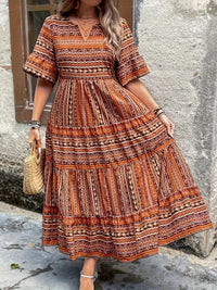 Roberta | Women's Flowy Printed Boho Midi Dress in Brown