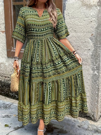 Roberta | Women's Flowy Printed Boho Midi Dress in Green