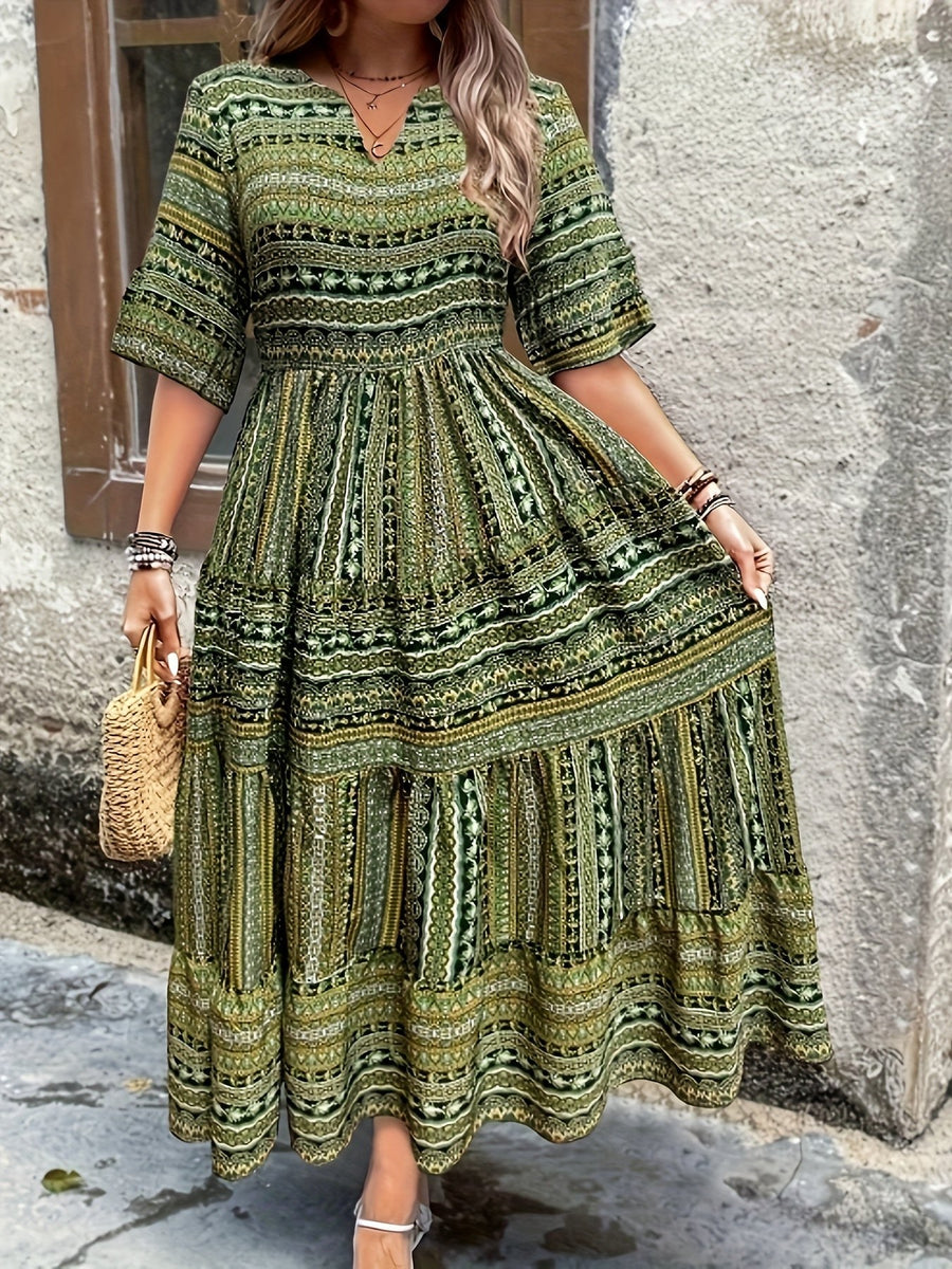 Roberta | Women's Flowy Printed Boho Midi Dress in Green