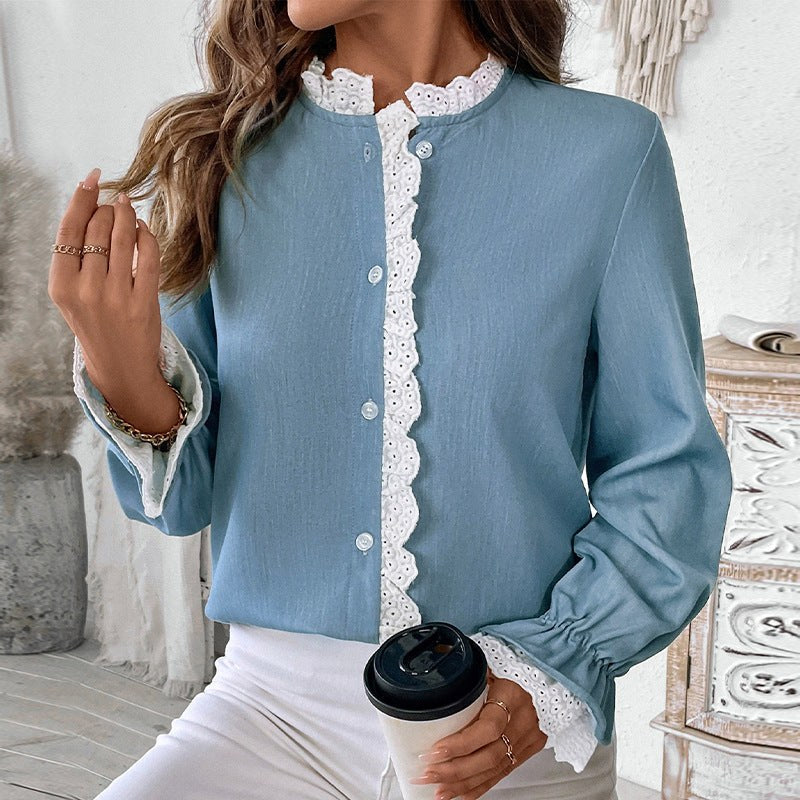 Rochelle | Women's Long Sleeve Lace Blouse in Blue