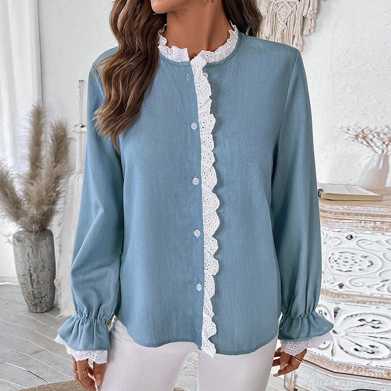 Rochelle | Women's Long Sleeve Lace Blouse in Blue