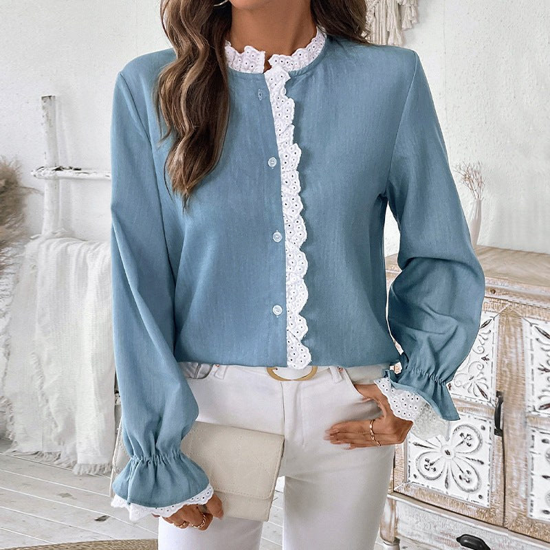 Rochelle | Women's Long Sleeve Lace Blouse in Blue