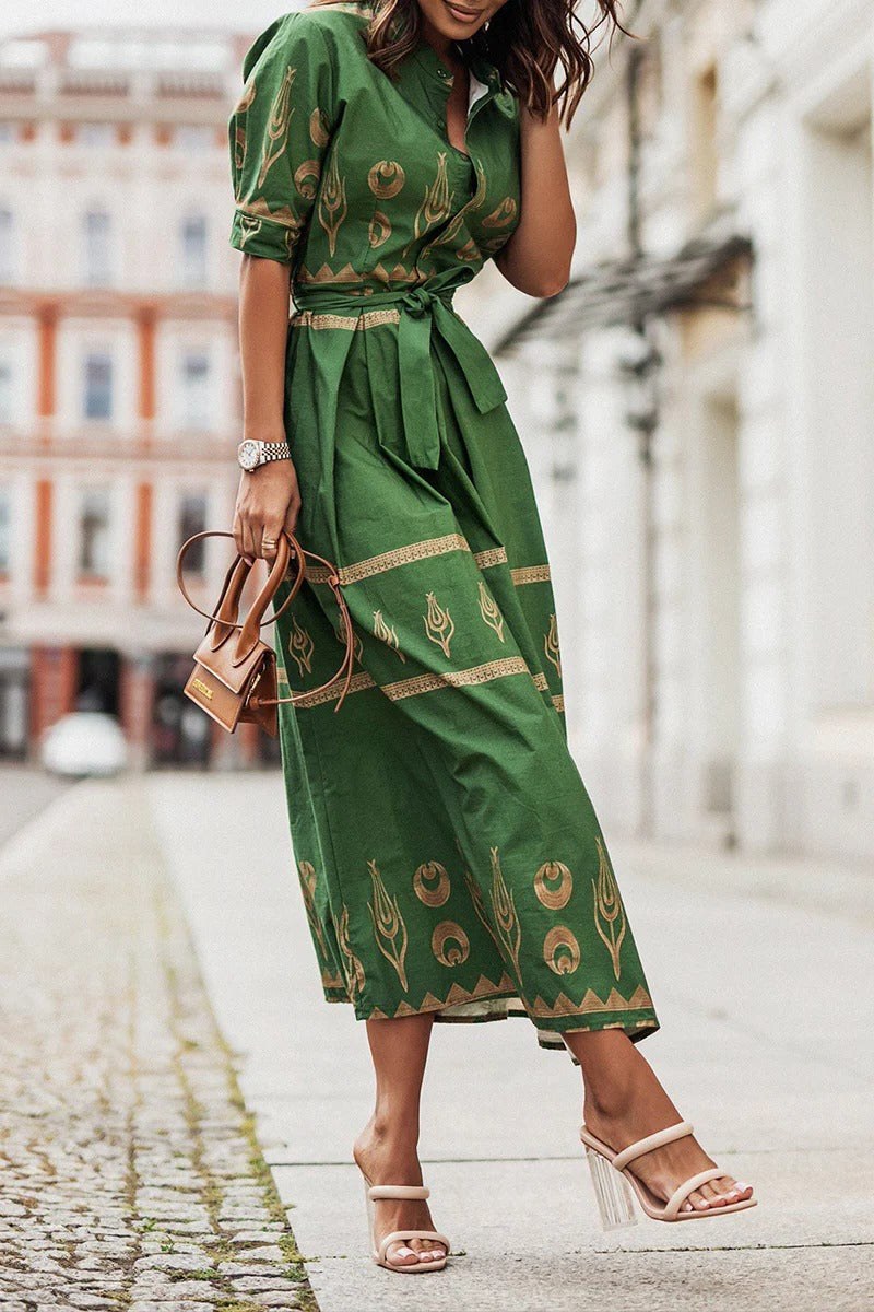 Rochelle | Women's Printed Belted Boho Midi Dress in Green