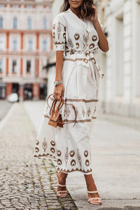 Rochelle | Women's Printed Belted Boho Midi Dress in White
