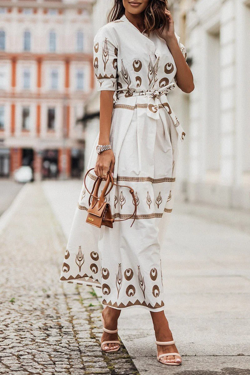 Rochelle | Women's Printed Belted Boho Midi Dress in White