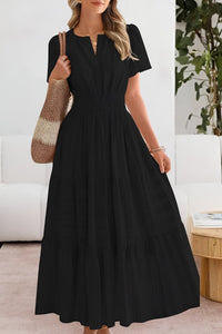 Romy | Women's Smocked Short Sleeve Boho Midi Dress in Black