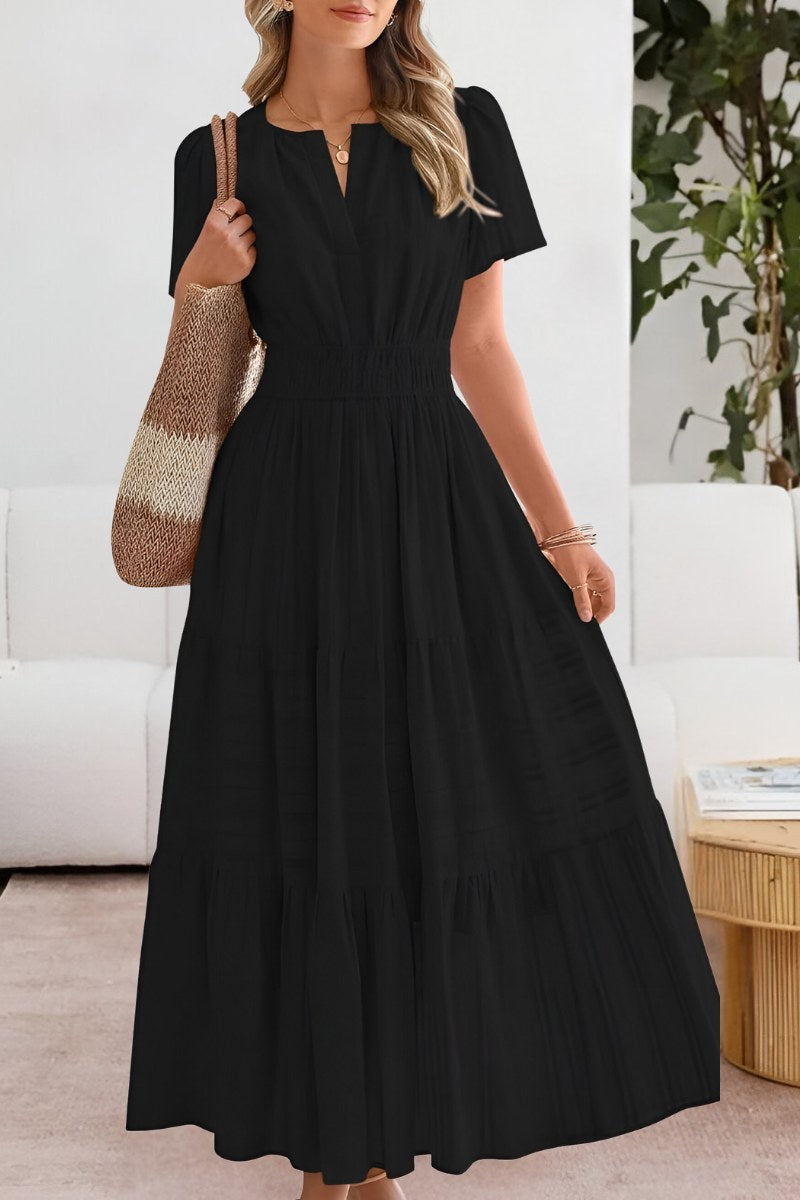 Romy | Women's Smocked Short Sleeve Boho Midi Dress in Black