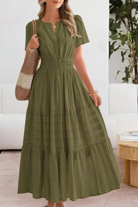 Romy | Women's Smocked Short Sleeve Boho Midi Dress in Green