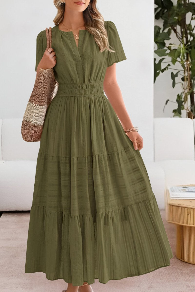 Romy | Women's Smocked Short Sleeve Boho Midi Dress in Green