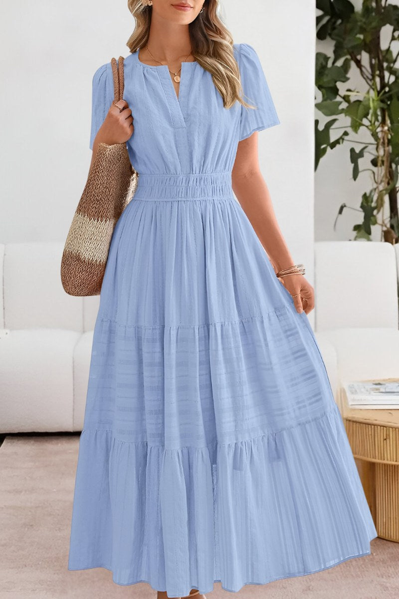 Romy | Women's Smocked Short Sleeve Boho Midi Dress in Light Blue