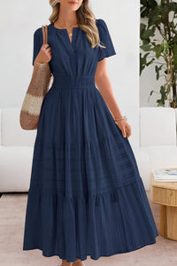 Romy | Women's Smocked Short Sleeve Boho Midi Dress in Navy Blue