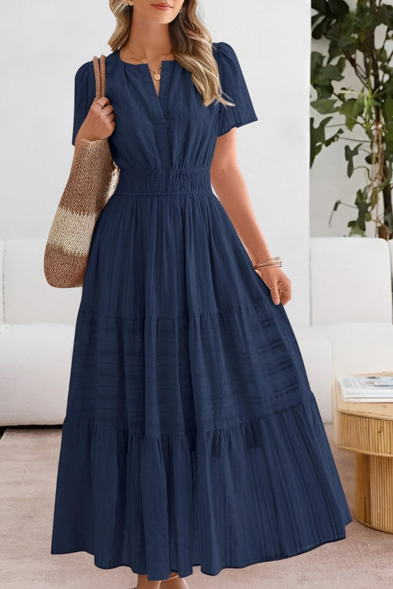 Romy | Women's Smocked Short Sleeve Boho Midi Dress in Navy Blue