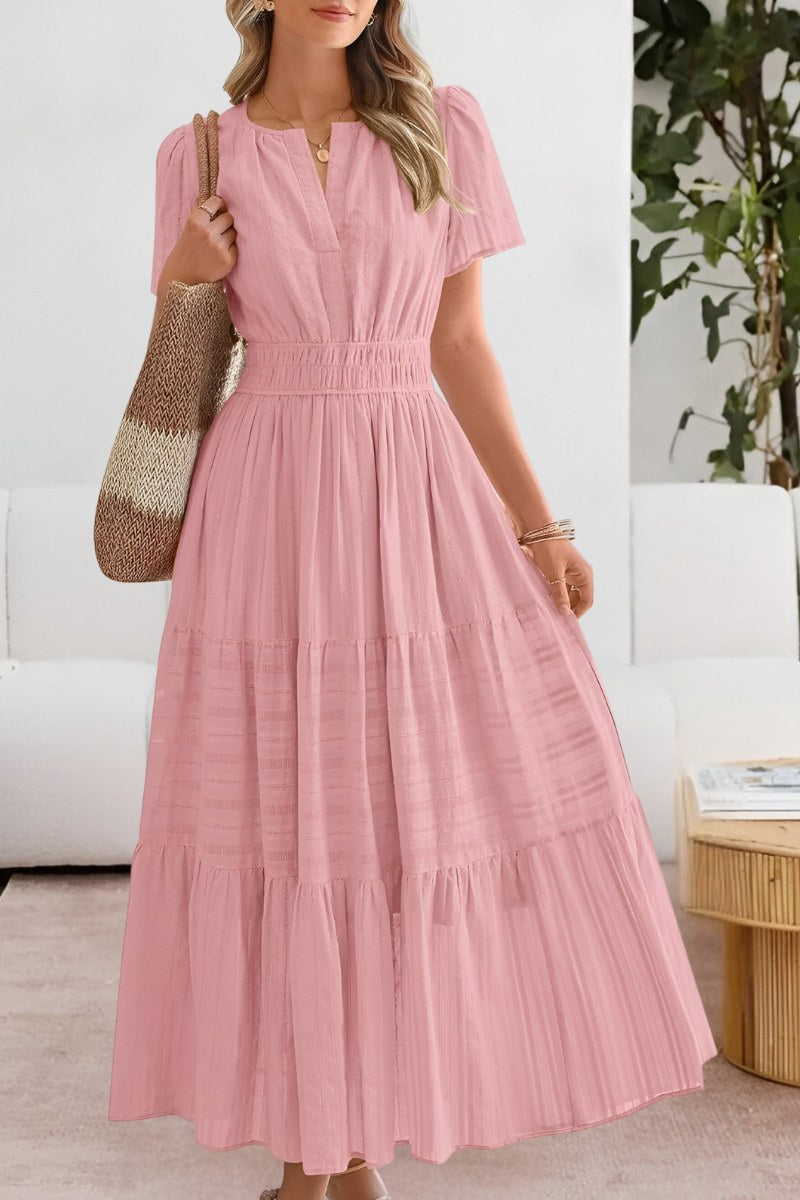 Romy | Women's Smocked Short Sleeve Boho Midi Dress in Pink