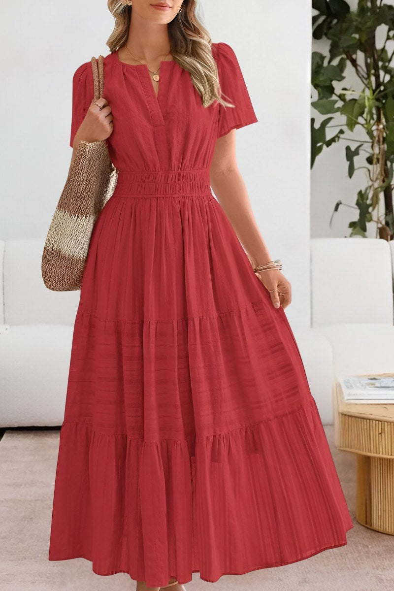 Romy | Women's Smocked Short Sleeve Boho Midi Dress in Red