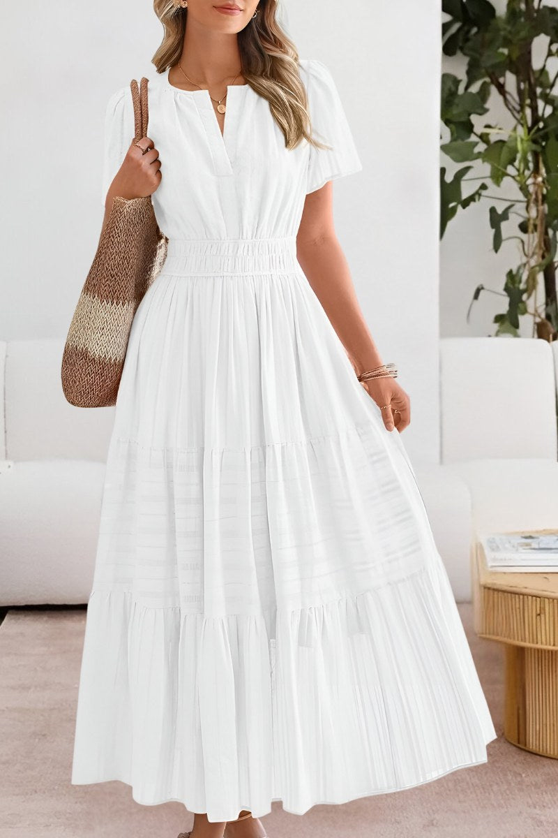Romy | Women's Smocked Short Sleeve Boho Midi Dress in White
