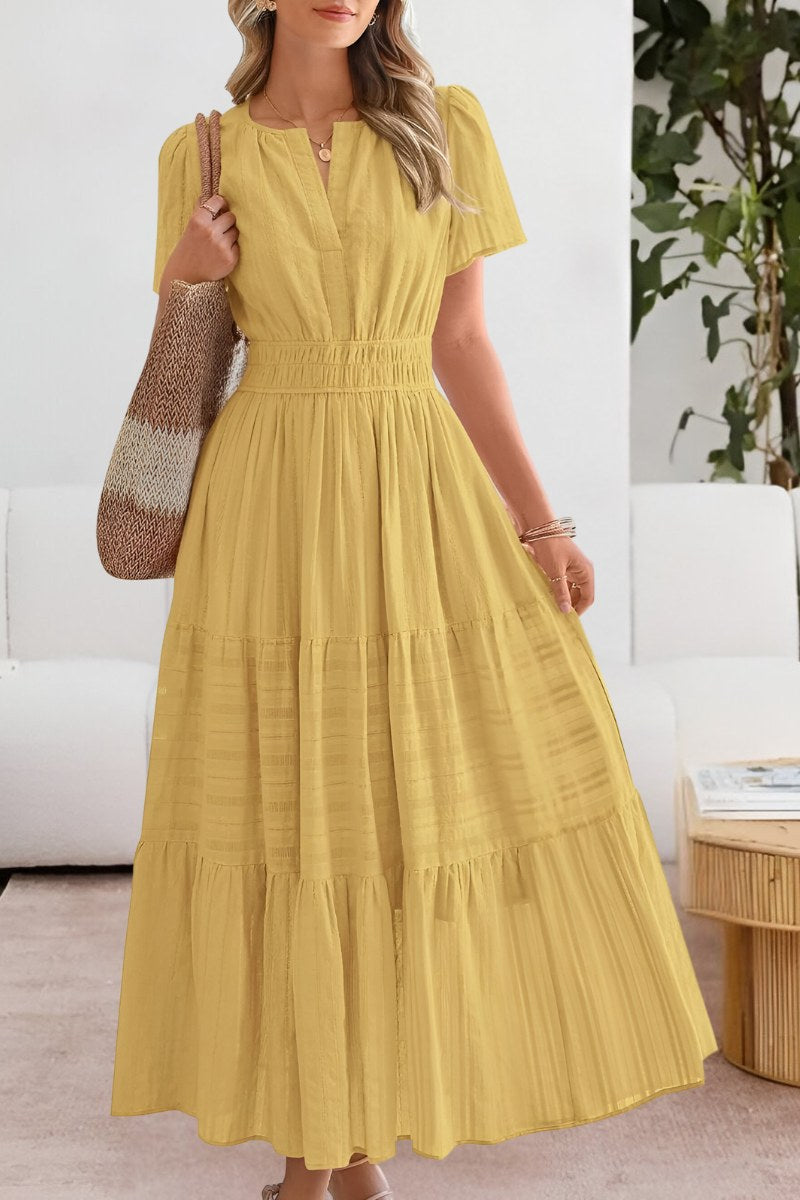 Romy | Women's Smocked Short Sleeve Boho Midi Dress in Yellow