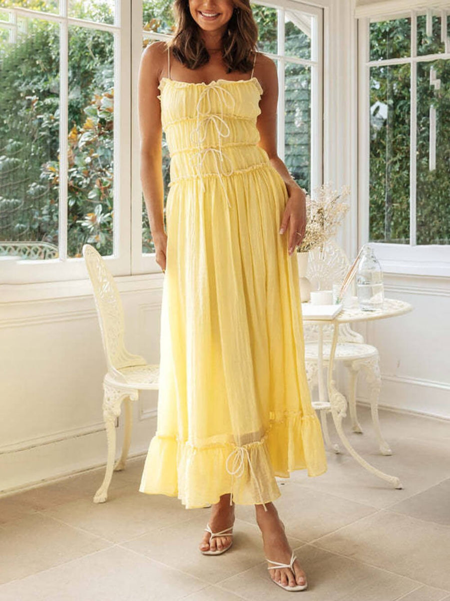 Rosalba | Women's Spaghetti Strap Boho Midi Dress in Yellow