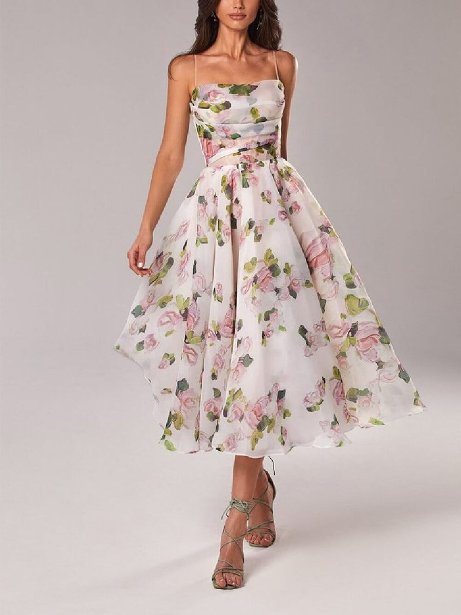 Rosalie | Women's Spaghetti Strap A-Line Boho Midi Dress in Pink