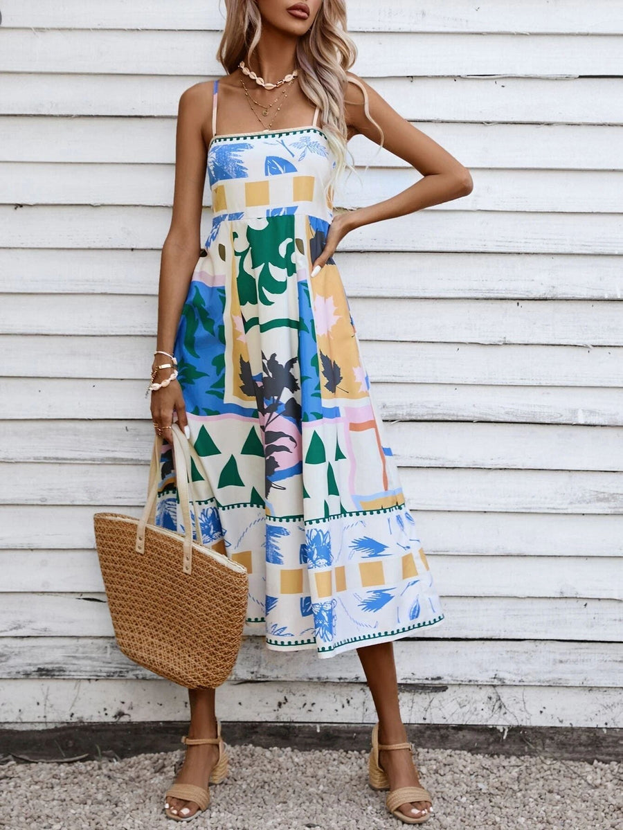 Rosalind | Women's Square Neck Boho Midi Dress in Beige