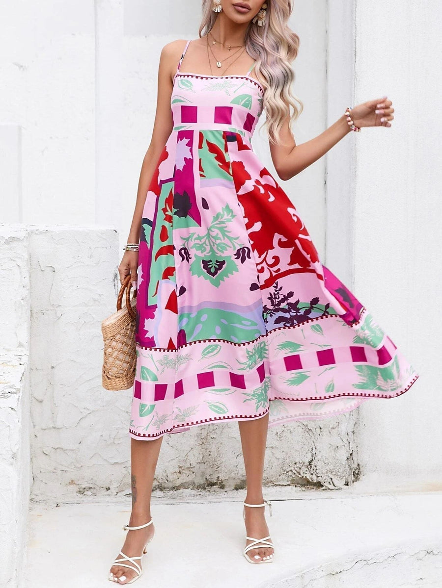 Rosalind | Women's Square Neck Boho Midi Dress in Pink
