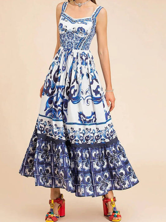 Rosamund | Women's Square Neck Tiered Boho Midi Dress in Blue