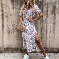 Roselle | Women's V-Neck Smocked Floral Boho Midi Dress in Gray