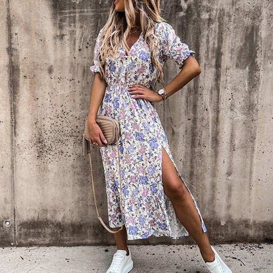 Roselle | Women's V-Neck Smocked Floral Boho Midi Dress in Gray