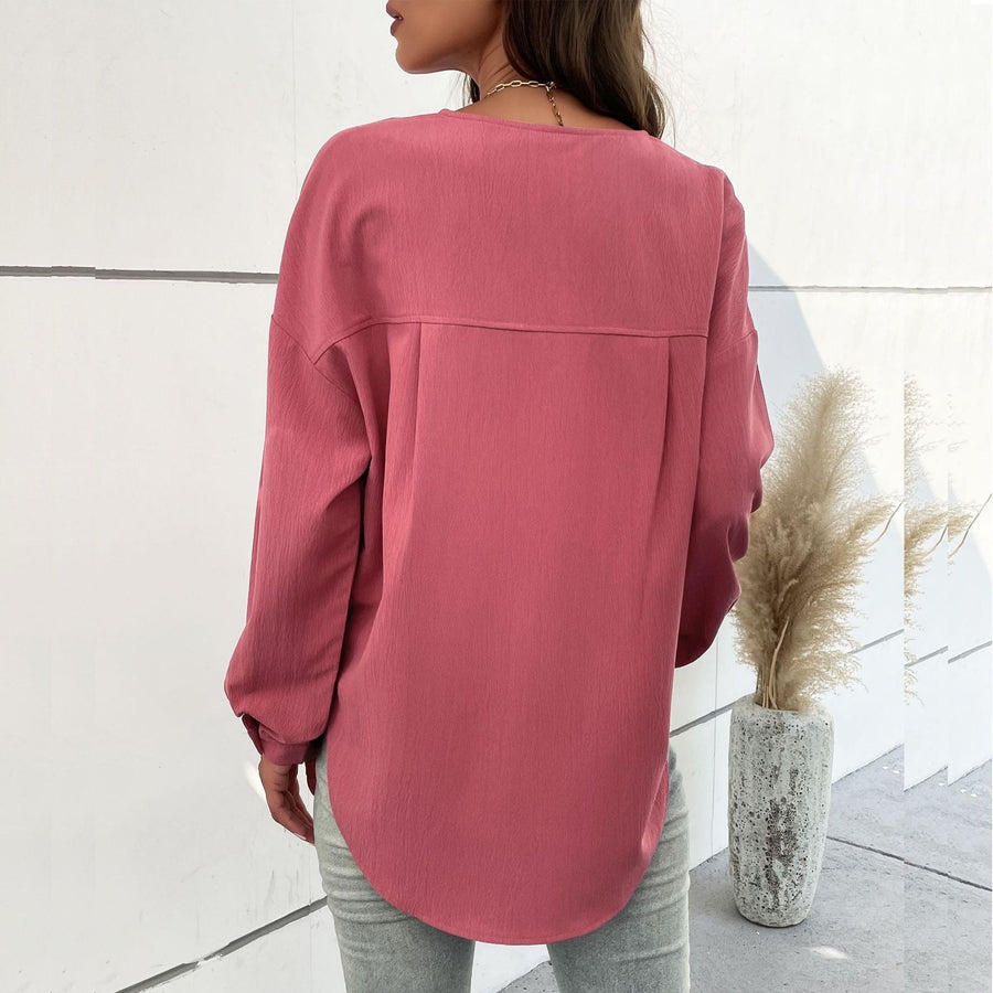 Roselle | Women's Button-Front Long Sleeve Blouse Top in Mahogany