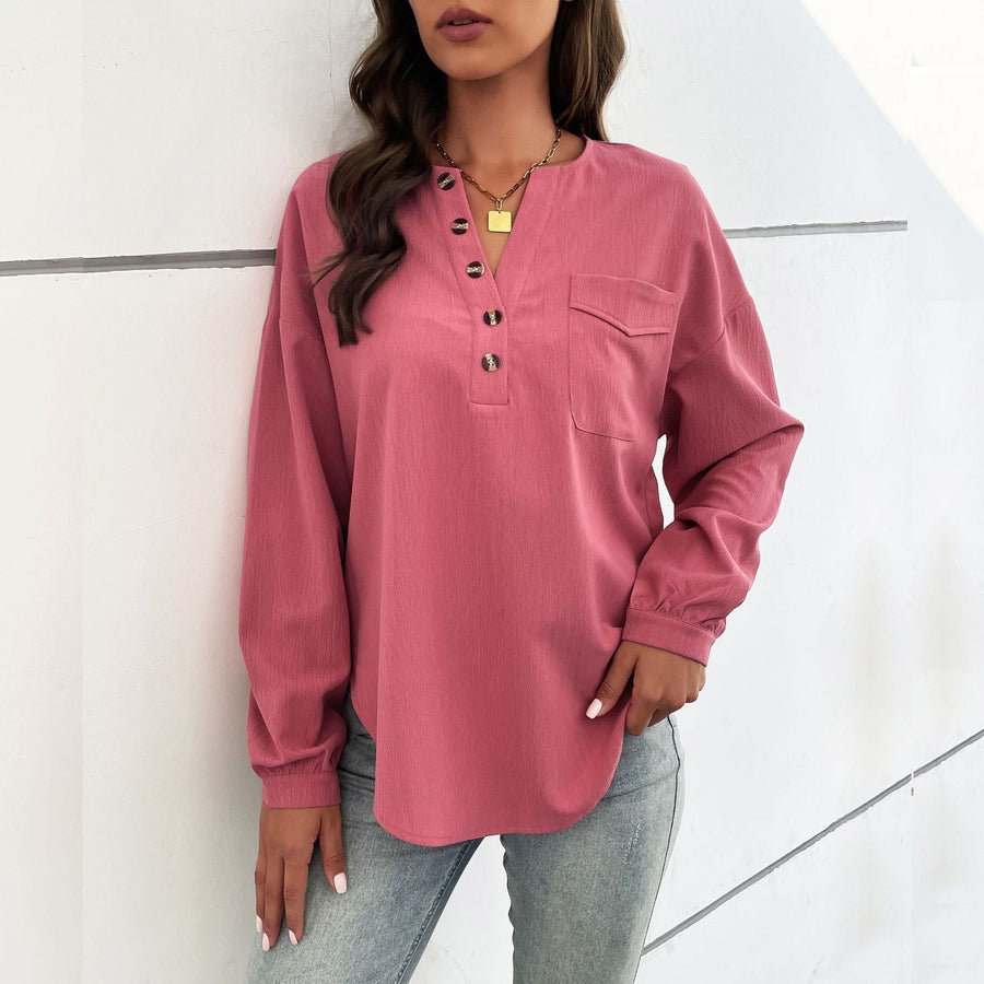 Roselle | Women's Button-Front Long Sleeve Blouse Top in Mahogany