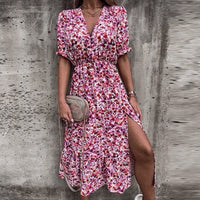 Roselle | Women's V-Neck Smocked Floral Boho Midi Dress in Pink