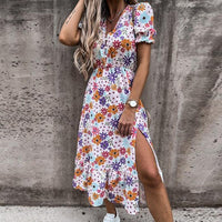 Roselle | Women's V-Neck Smocked Floral Boho Midi Dress in Purple