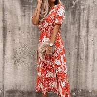 Roselle | Women's V-Neck Smocked Floral Boho Midi Dress in Red Orange
