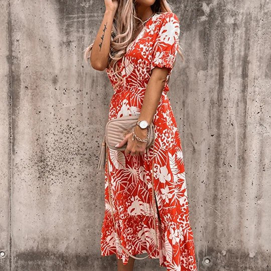 Roselle | Women's V-Neck Smocked Floral Boho Midi Dress in Red Orange