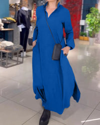 Rosina | Women's Stand Collar Long Sleeve Pockets Elegant Dress in Blue